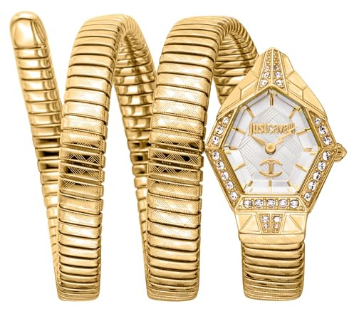 Just Cavalli Damenuhr, goldfarbenes Gehäuse, silberfarbenes Zifferblatt, goldfarbenes Metallarmband, 2 Zeiger, 3 ATM, Goldfarben, Modern