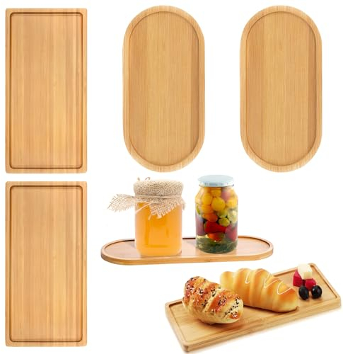 4 Pezzi Vassoio in Bambù in Legno Vassoio da Portata Bamboo Bagno Piccolo Rettangolare Ovale Bambu 17.5 * 8.9CM, 2 Forme Rotondo Sottobicchiere Della Casa Piatto Sottovaso per Caffe, Torte, Dessert