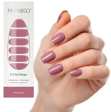 Maniko UV Gel Strips Vintage Velvet – 20 UV Nagelsticker, 2 Anwendungen | Rosa UV Nagellack zum Kleben, selbstklebende Nagelfolie für natürliche Nägel, vegan & langanhaltend – Geschenk zu Geburtstag