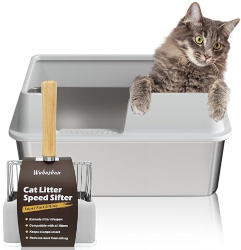 Katzenklo Edelstahl XXL, Stainless Steel Litter Box, Katzentoilette offene mit Metall Schaufel, Cat Litter Box hohem Rand, Katzentoilette Edelstahl, Katzenklo groß leicht zu reinigen-Grau