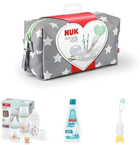 NUK Complete Welcome Starter bundle with Perfect Match Bottles Set, Bottle Cleanser, Bottle Brush and an Accessories starter kit in a bag.