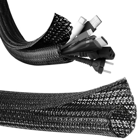 ZAVIA Cable Tidy Sleeve | Wire Covers for Cables 10ft-1/2inch Cable Sleeve for Computer, TV, Home, Office| Cable Management Sleeve | Braided Cable Sleeve with Slot Opener (Black)