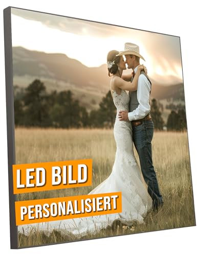 Leuchtbild Personalisiert I LED Wandbild mit eigenem Motiv I Beleuchtete Leinwand mit Rahmen I Made in Germany (LED Leuchtbild Personalisiert, 50x50 (Quadratisch), Rahmen: Holz Flora)