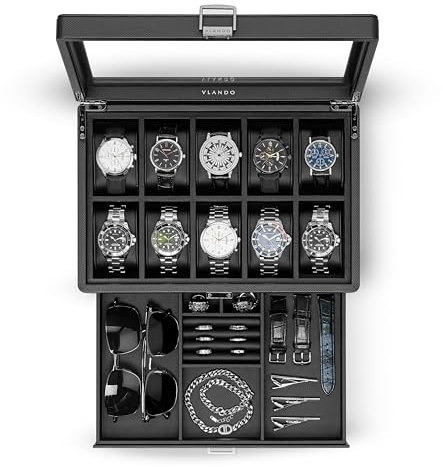 Vlando Watch Box with 10 Slots, 2-Tier Watch Display Case with Glass Lid, Removable Watch Pillows, Mens Jewellery Box, Gift for Loved Ones