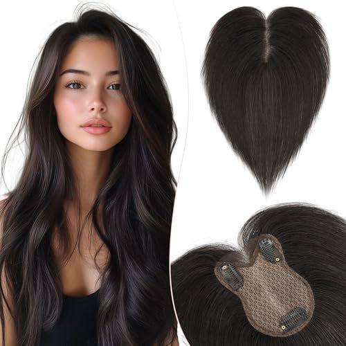 Silk-co 11 Pouces Volumateur Capillaire Femme Naturel Avec Frange Centrée Pour Chevelure Clairsemée cheveux humain 8 * 11cm-21g Toupet Femme Densité 150% Base en Soie, #1B Noir Naturel