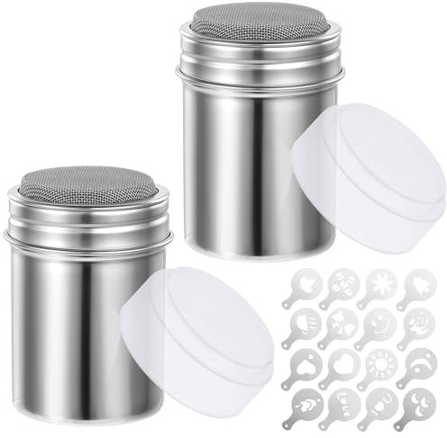 2 botellas de azúcar y 16 moldes de presión, esticulador de azúcar en polvo con espolvoreador de cacao fresco para capuchino, acero inoxidable, coctelera para polvo, harina, salero