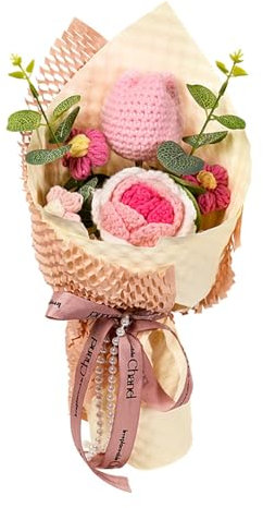 Wasise Bouquet di fiori all'uncinetto - Bouquet di rose tulipani rosa, San Valentino, festa della mamma, bouquet di laurea decorazioni artigianali, fiori artificiali, mazzi di lana lavorati a mano