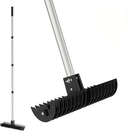 Nelyrho Rasenrechen mit Teleskopstiel (98-173cm), 15-Zoll-Kopf mit 18 Stahlzinken, verstellbarer 0-15°-Winkel, robuster Gartenrechen für Moos, Stroh und totes Gras Entfernung