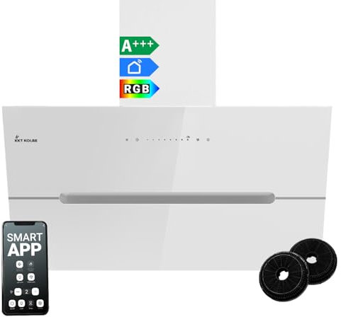 Cappa aspirante 90 cm/Cappa Cucina Inclinata/acciaio inossidabile/vetro bianco/WiFi/auto spegnimento/Illuminazione LED RGBW/Operazione di tocco / ECCO9005WM