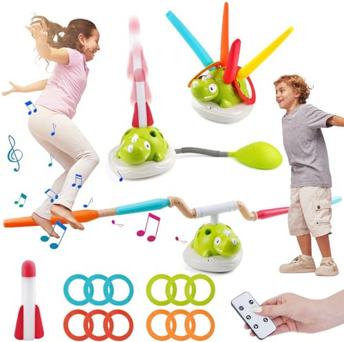 3 in 1 Giochi da Esterno, Giocattolo a Razzo, Anelli di Lancio, Macchina musicale per saltare la corda con telecomando, 5 velocità e rotazione a 360°, perfetta per Natale per Bambini 3 4 5 6 7 8 Anni