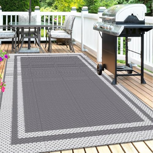 Hiseng Tapis d'extérieur Imperméable Réversible Gris Moderne, Tapis en Plastique pour Terrasse Balcon, Résistant aux Intempéries aux UV, pour Jardin, Camping, Pique-Nique (Gris,152x244cm)