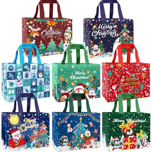 XIMISHOP 8 Stück Non Woven Weihnachtstaschen, Weihnachtstragetasche mit Griffen Wiederverwendbare Geschenktüten Weihnachten für Xmas Weihnachtsdekoration Weihnachtsfeier
