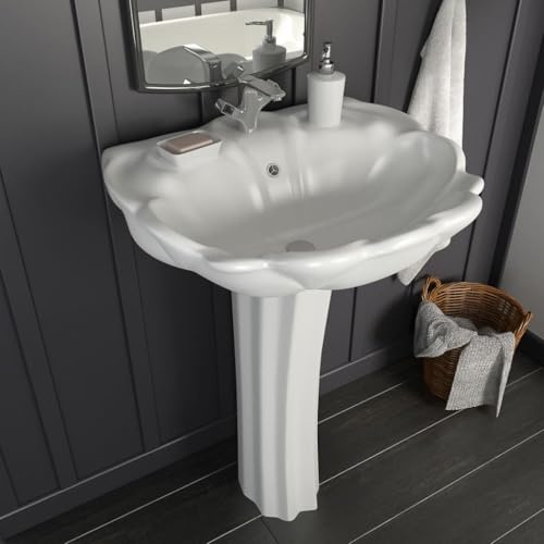 Lavabo de Pie con Columna, Cerámica Blanca Esmaltada, Diseño Moderno para Baño y Aseo, Incluye Orificios para Grifo y Desagüe, Fácil Limpieza, 580x510x200 mm