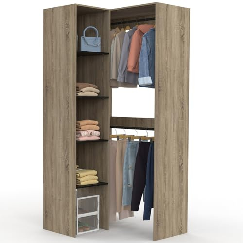 IDMarket - Vestidor de esquina modulable L. 90/127 cm MELMAN doble armario + estantes madera y negro