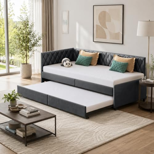 DAHUEN Tagesbett 90x200 cm mit Ausziehbett, Schlafsofa mit 2 Einzelbetten und Lattenrost, platzsparendes Gästebett für Jugendzimmer und Gästezimmer, Grau, Samt.