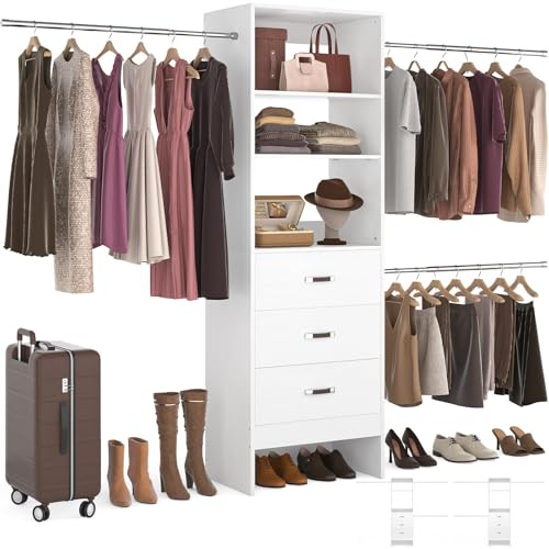 Homieasy 96 Inches Closet Organizer System, 8FT Customizable Walk In Closet Organizer with Hanging Rods, 3 Drawers Garment Rack with Leather Handle , 96 L x 16 W x 75 H, Max Load 1000 LBS, White