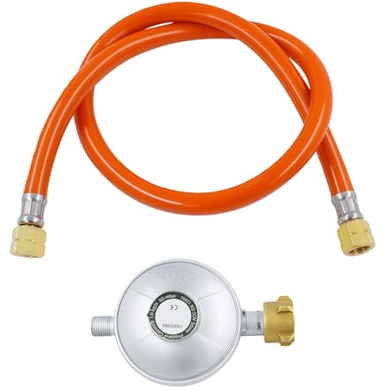 Gasdruckregler 50mbar, Schraubanschlüssen 1/4 Links, Grill Umrüstset, Gasschlauch mit druckminderer Set, Gasschlauch für Grillabende, Camping, Heizbedarf oder Picknicks im Freien (1,5M)