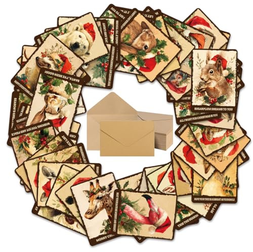 Set De Tarjetas Navideñas De 50 Piezas, Tarjetas Navideñas Pequeñas Con Sobres, Tarjetas Navideñas, Tarjetas De Felicitación En Blanco Para Escribir, Postales Navideñas, Serie De Animales Navideños