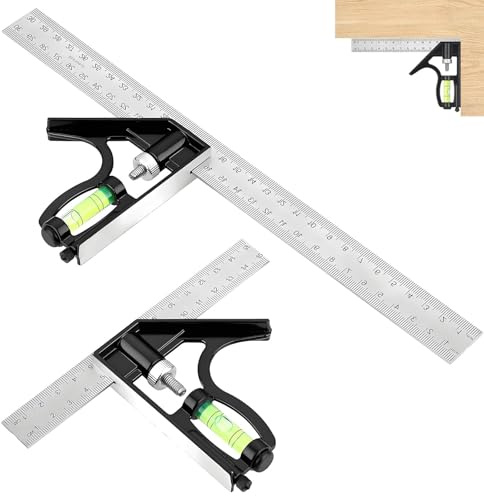 2Pcs Adjustable Set Square Carpentry Metal Ruler, 150 + 300mm Adjustable Combination Square Tool with Spirit Level & Marking Tools, 45/90 Degree Ruler Measuring Tool for Engineers Carpenter