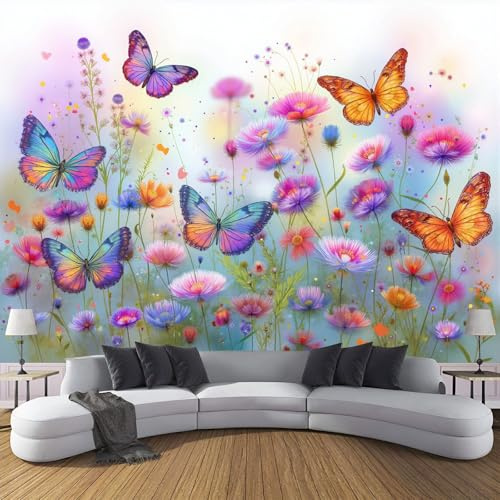 Carta Da Parati Effetto 3D Acquerello Fiori Campo 350× 256cm, Fotomurali Non Tessuto XXL, Decorazione Poster Arte Murale Farfalla Erba per Casa Ufficio Camera Letto Soggiorno