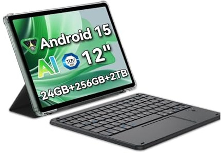 LMHTRADE Tablet da 12 pollici, tablet da gioco Android 15 con slot per schede SIM, penna, 24 GB + 256 GB (fino a 2 TB) 9000 mAh / 33 W, fotocamera AI 8 MP + 16 MP (inclusa tastiera Bluetooth)