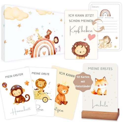 OUIGKUN Meilensteinkarten Baby,50 Boho Meilensteinkarten inkl. Kartenständer aus Holz,Kreative Geschenk für werdende Mütter & Baby für Junge und Mädchen,Geschenk zur Geburt,Taufe oder Babyparty
