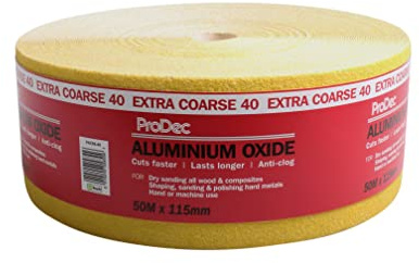 ProDec Rollo de 50m de papel de lija de óxido de aluminio amarillo de grano extra grueso para lijar madera, pintura, yeso, masilla, metal y más, 115mm de ancho compatible con lijadoras a máquina