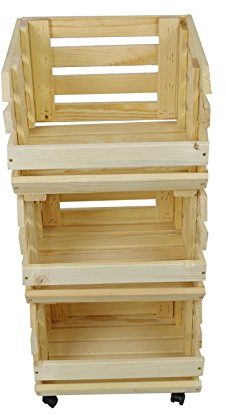 Haushalt International Kartoffelhorde Obsthorde Stapelhorde aus massivem Holz mit 4 Rollen - 37 cm x 80 cm x 30 cm - Natur-Braun