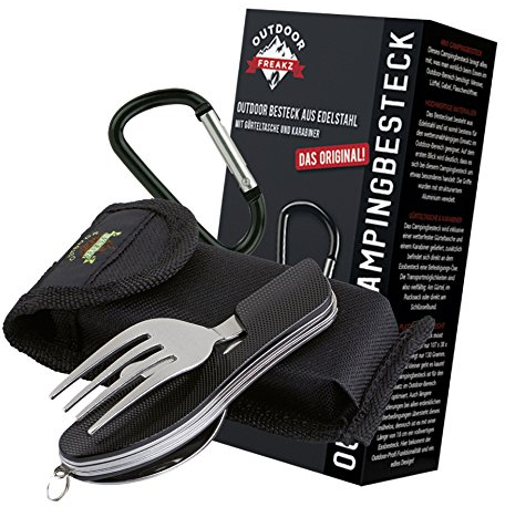 OUTDOOR FREAKZ Outdoor Campingbesteck Klapp-Besteck aus Edelstahl mit Gürteltasche, das Original! (schwarz +)