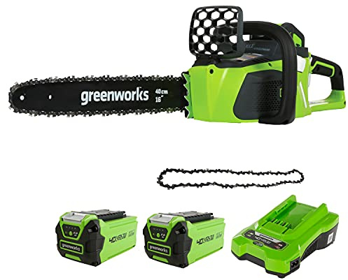 Greenworks 40V Akku-Kettensäge mit Bürstenlosem Motor, 40cm Schwertlänge, inklusive 2 Akkus 2Ah und Ladegerät - 20077UC+ Sägekette (40cm passend für Kettensägen der 40 Volt Greenworks Serie)