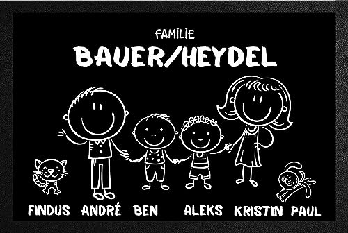 Fußmatte personalisiert Familie mit Vornamen & Familien - Namen schwarz/weiß Geschenk Hund Katze Umzug Comic Strichmännchen aussen innen lustig