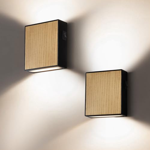 Wandleuchte mit Schalter Holz,2pcs Led Wandlampe Schlafzimmer,Up and Down Leuchten Innen,Natürliches Schwarz Wall Light Vintage für Treppenhaus,Wohnzimmer,Hotel,8w Bettlampe