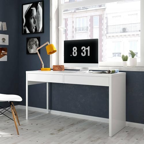 Dmora - Houston Schreibtisch, multifunktionaler umkehrbarer Büroschreibtisch, PC-Studientisch mit 2 Schubladen, 138 x 50 x 75 cm, Weiß