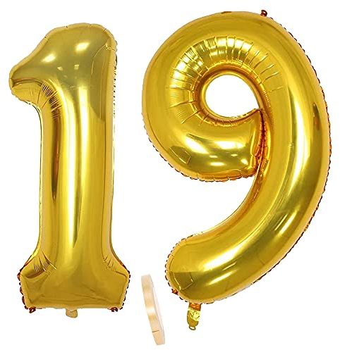 2 globos numeros 19 años, Number globo número 19 Dorado para Hombres Mujeres niños,40 Figuras Gold globo de lámina de helio inflable, gigante grande decoración fiesta de cumpleaños boda (xxxl 100cm)