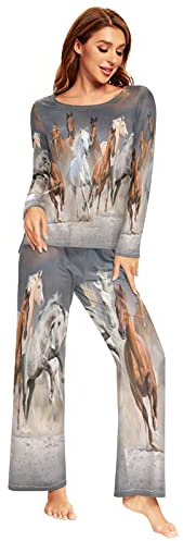 Mnsruu Pferde-Pyjama-Set für Damen, 2-teilig, langärmelig, Nachtwäsche, Lounge-Sets, mehrfarbig, 38