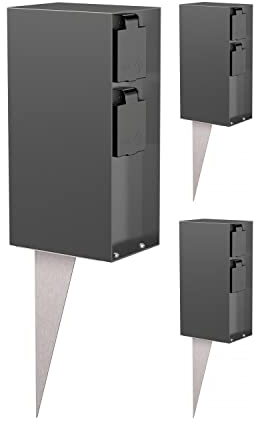ledscom.de 3 Stück Garten-Steckdosen-Säule POMI mit Erdspieß für außen, IP44, 4-Fach, anthrazit, eckig, 23cm