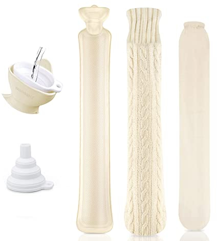 Homewit Borsa dell'acqua calda con rivestimento in ciniglia super morbido da 2 litri – Scaldacollo con un imbuto, inoltre un rivestimento in cotone per un riscaldamento prolungato – Champagne