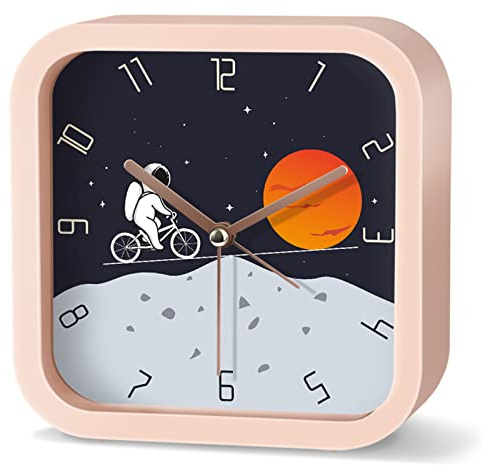 EXQULEG Kinder Wecker Weltraum Astronauten, Kinderwecker Ohne Ticken, Analoger Wecker Reisewecker für Junge Mädchen und Schüler (E,Quadrat)