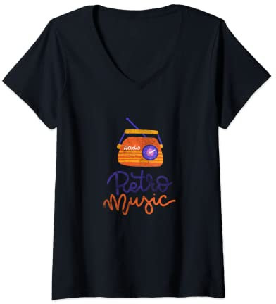 Damen Vintage Old School Radio DJ 80er 90er Retro Musik T-Shirt mit V-Ausschnitt