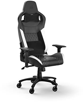 Corsair T1 RACE (2023) Fauteuil Gaming – Inspiré des Sports Automobiles – Revêtement en cuir synt – Armature en Acier – Accoudoirs 4D Hautement Ajustables – Noir et Blanc