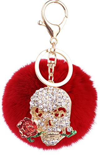 Canarea Schlüsselanhänger plüsch ball Taschenanhänger Mini Glitzer Schädel Rosa Blumen strass bommel Plüsch-Kugel Auto-Anhänger Dekor Pompom Weich Schlüsselring Keychain (Rot)