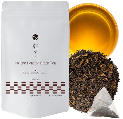 Asayu Japan Premium Hojicha Roasted Green Tea, Authentic Japanese Loose Leaf Tea Bags, 15 Pyramid Bags, 100% Made in Japan for Evening Relaxation & Wellness - Houjicha