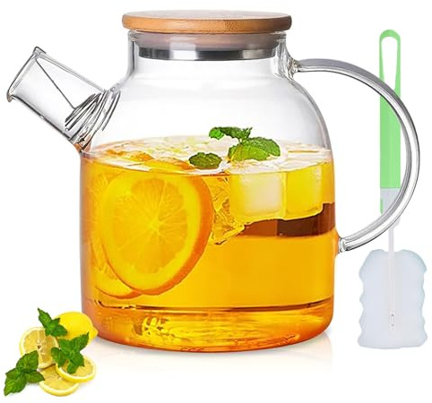 Tetera de cristal de 1,5 L con tapa de madera, tetera con colador, resistente al calor, tetera de borosilicato de con filtro extraíble, diseño elegante y moderno para té, té de flores y