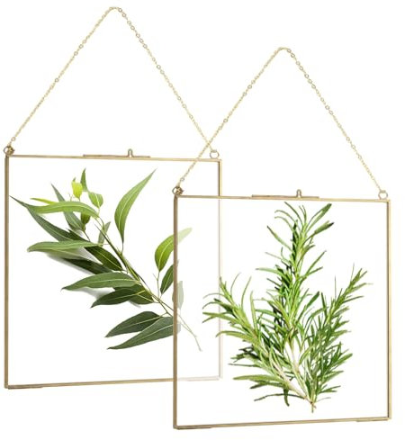 GBACHOOSE 2 Pcs Glass Gold Frames with Chain, 25 x 20cm Double Glass Frame for Pressed Flowers, Hanging Picture Frames Made of Copper Brass, Floating Picture Frame for Photo, Plants Specimen