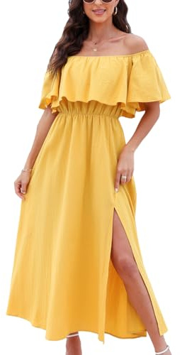 CUPSHE Dress for Women Summer A Shape Dresses Off Shoulder Sleeve Maxi Length Ruffle Fitted Waisted Tropical Printed Yellow M