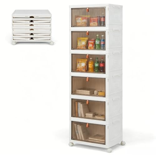 KOMFOTTEU Scatola portaoggetti a 6 livelli, contenitore impilabile con coperchi e ruote, scatola organizer trasparente, scatola pieghevole per camera da letto, soggiorno, 40 x 27,5 x 123 cm (6