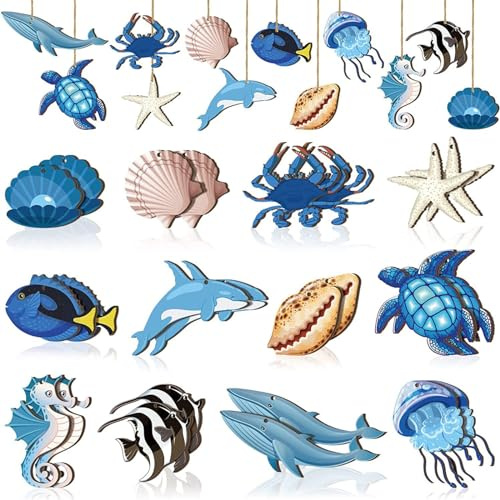 24Pcs Summer Hawaiian Wood Hanging Ornament Decorations, Summer Beach Wooden Pendant, Summer Sea Hanging Wood Slices for Seaside Beach Cafe Shop Office Decoration Luau Party Supplies (Sea)