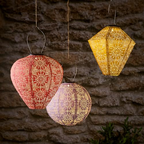 Lights4fun Solar Lampions Marokkanisch 3er Set Lila Gelb Pink | LED Solarlaterne Außen Warmweiß IP44 | Garten Balkon Terrasse Tyvek Wetterfest | Drei Größen