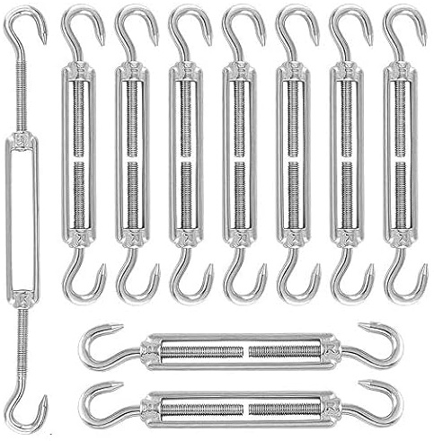 10 Stück Spannschloss Seilspanner, 304 Edelstahl Verstellbare Spannschloss Haken M4 CC, Spannhaken für Seil, Spannhaken für Markisen oder Wäscheleinen (Silber)