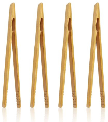 4 Pinzas de Bambú Largas y Rectas para Cocina y Tostadora - Utensilios para Alimentos y Tostadas